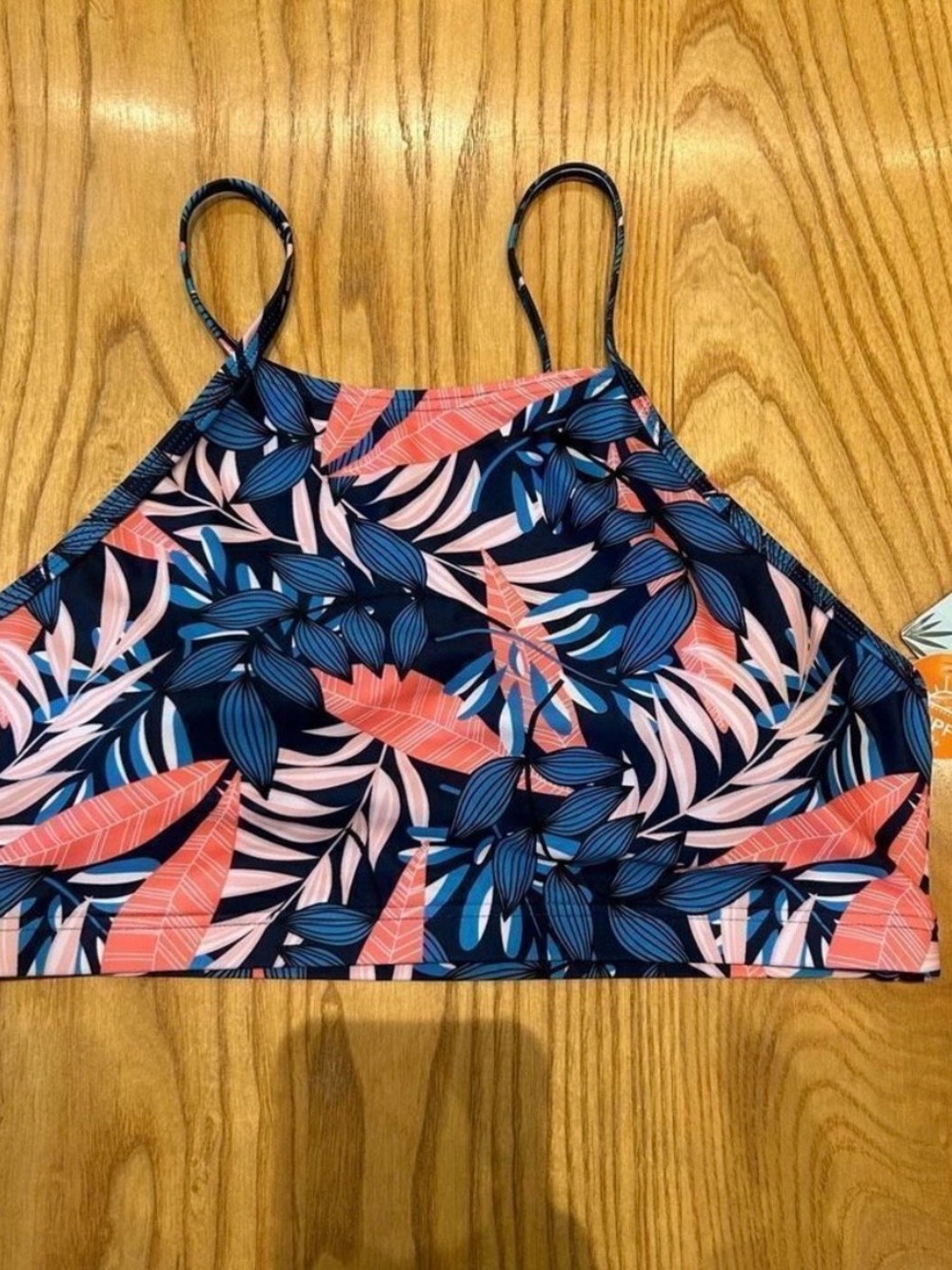 Floral Print Bikini Top with Solid High-Waist Bottom - Navy & Coral Medium NWT - Picture 2 of 7